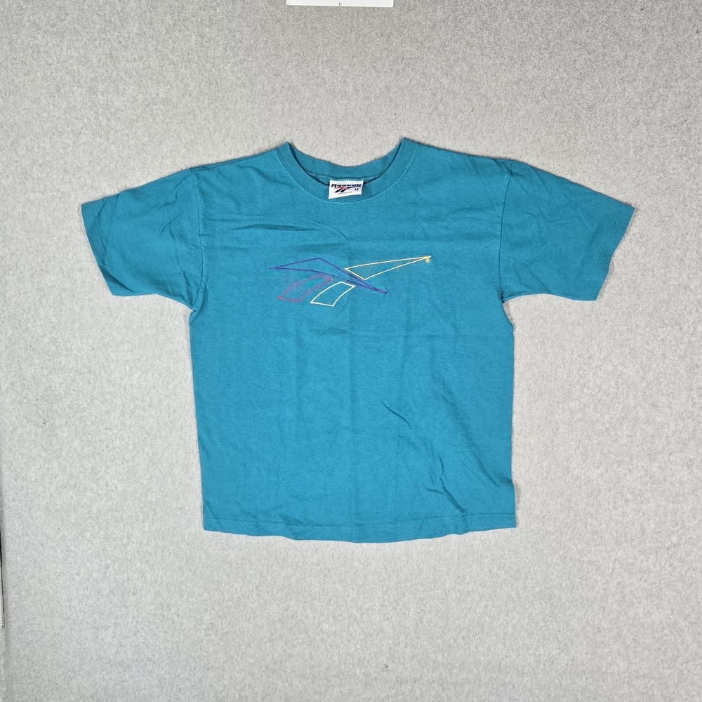 VINTAGE Reebok Men Shirt M Teal Embroidered Abstract Design Logo Short Sleeve